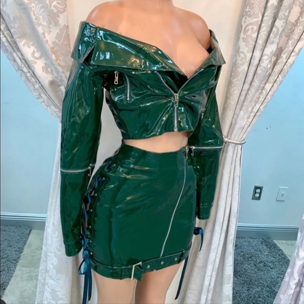 Shane Justin green 2 piece patent leather skirt set